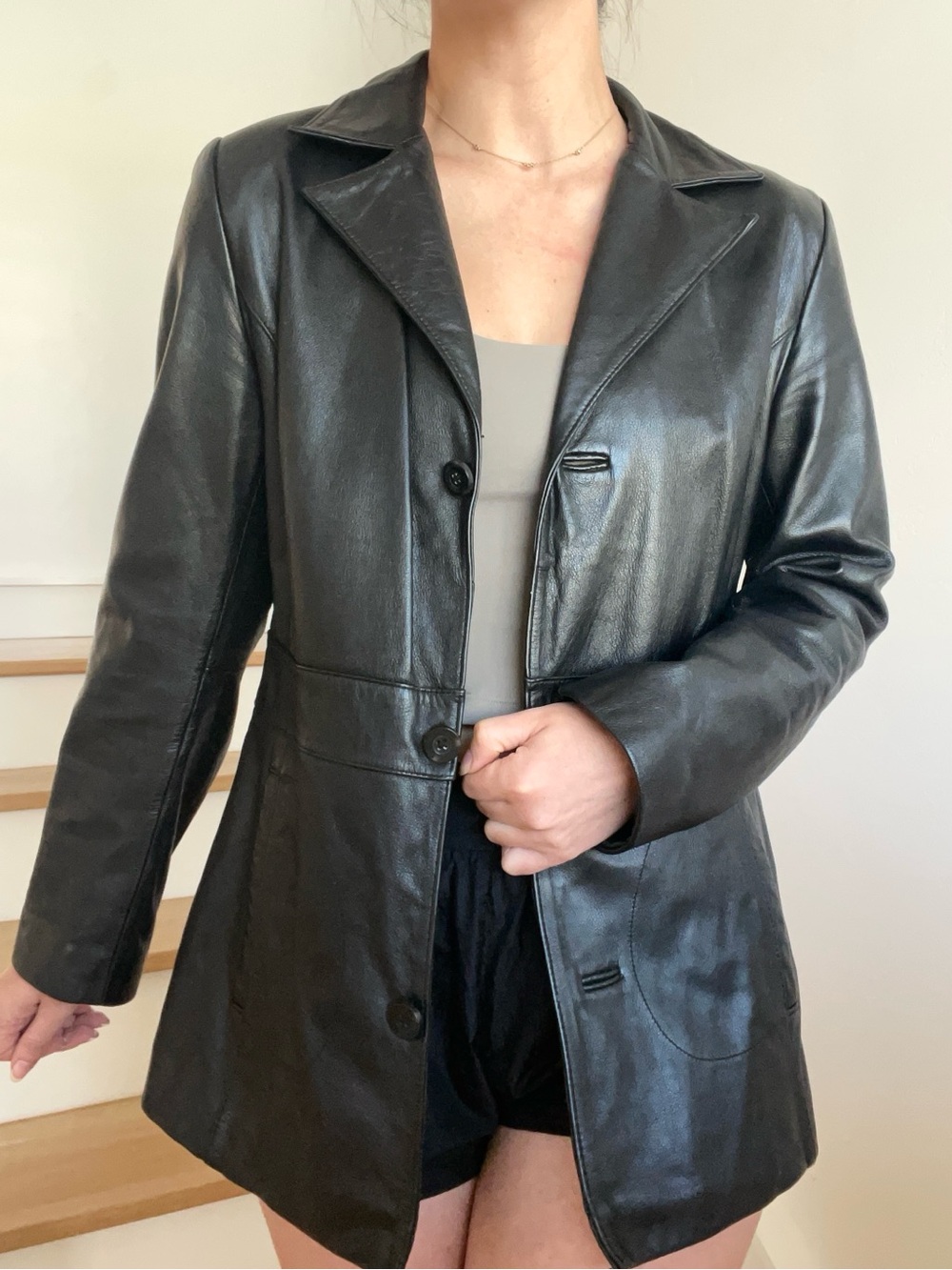 Vintage Wilson’s Leather Black Button Front Collared Blazer Jacket Size Medium